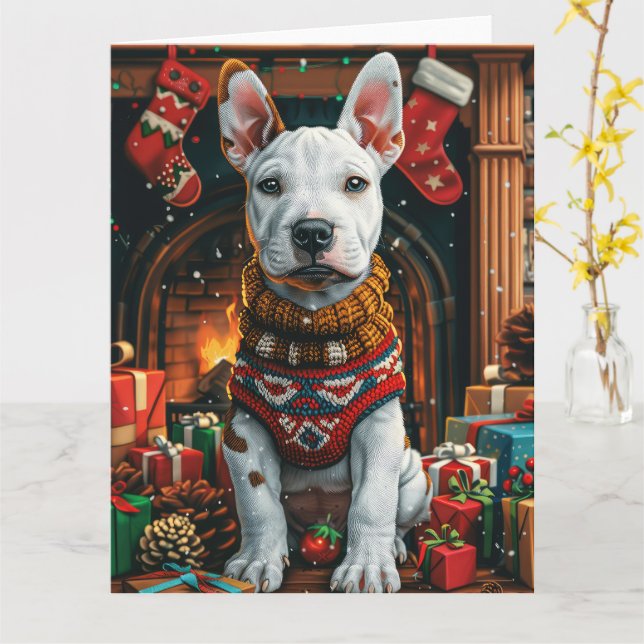 Tarjeta Bull Terrier con regalos de Navidad Chimenea (flor amarilla)