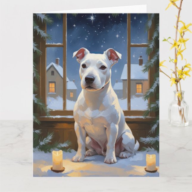 Tarjeta Bull Terrier con vacaciones de Navidades alumbrado (flor amarilla)