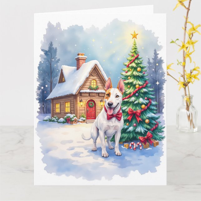 Tarjeta Bull Terrier Cozy Cottage Christmas Tree Art (flor amarilla)