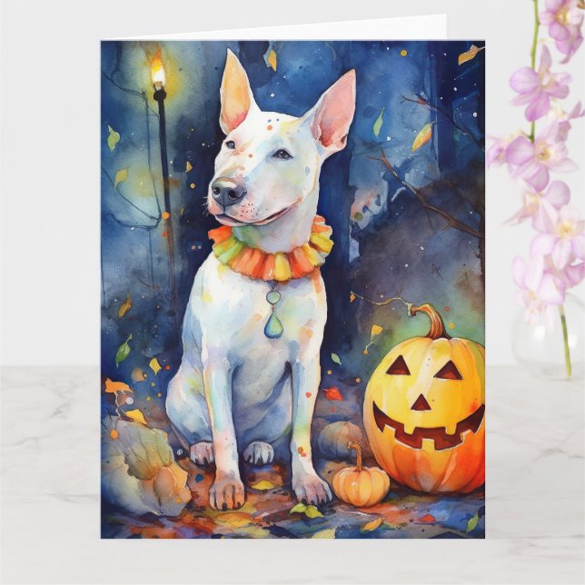 Tarjeta Bull Terrier de Halloween con calabazas espeluznan (Orquídea)