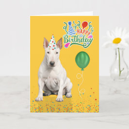 Tarjeta Bull Terrier Dog Party Hat Yellow Birthday