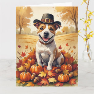 Tarjeta Bull Terrier en Hojas de Otoño Arte de Acción de G