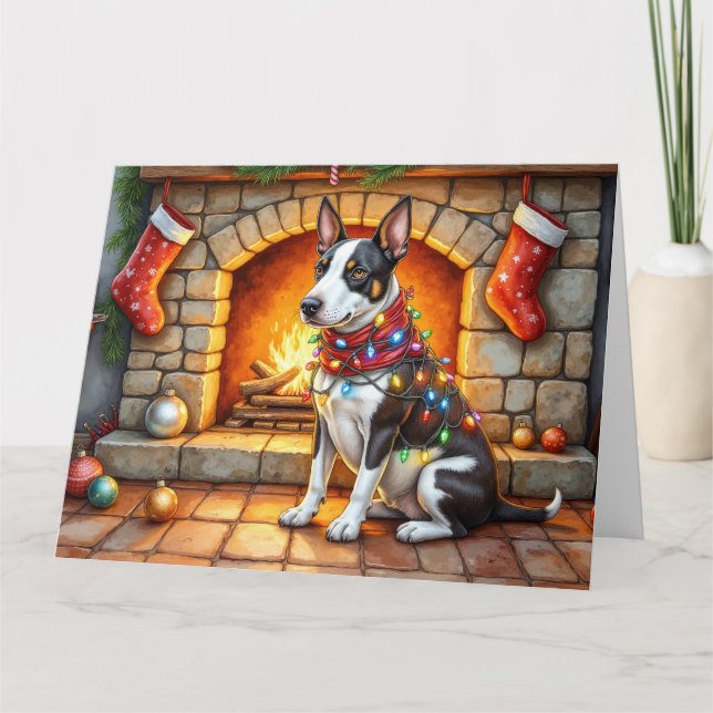 Tarjeta Bull Terrier Fireplace with Christmas Lights (Anverso)