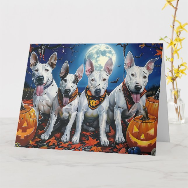 Tarjeta Bull Terrier Halloween Espeluznante  (flor amarilla)