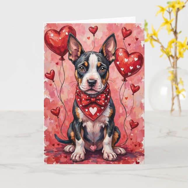Tarjeta Bull Terrier Valentine’s Day Dog with Hearts Red (flor amarilla)