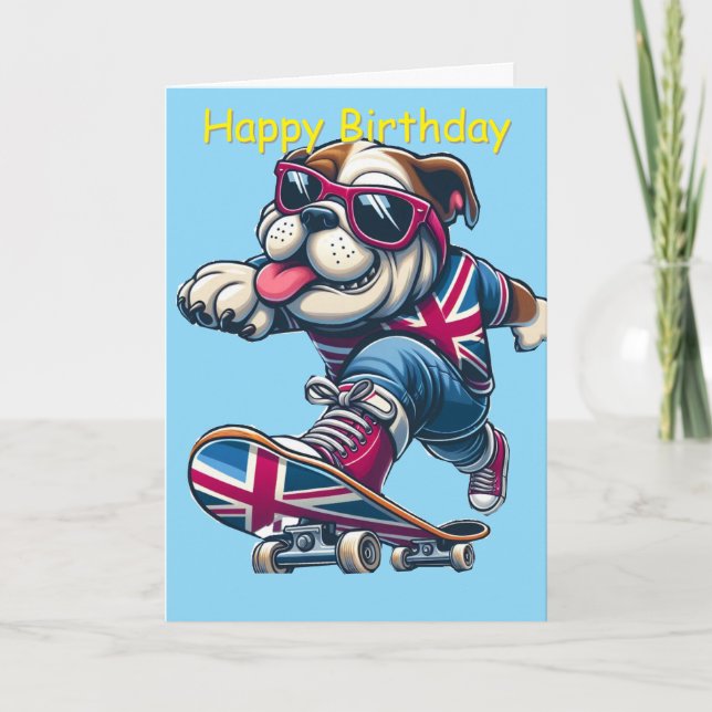 Tarjeta Bulldog británico Guay en Skateboard (Anverso)