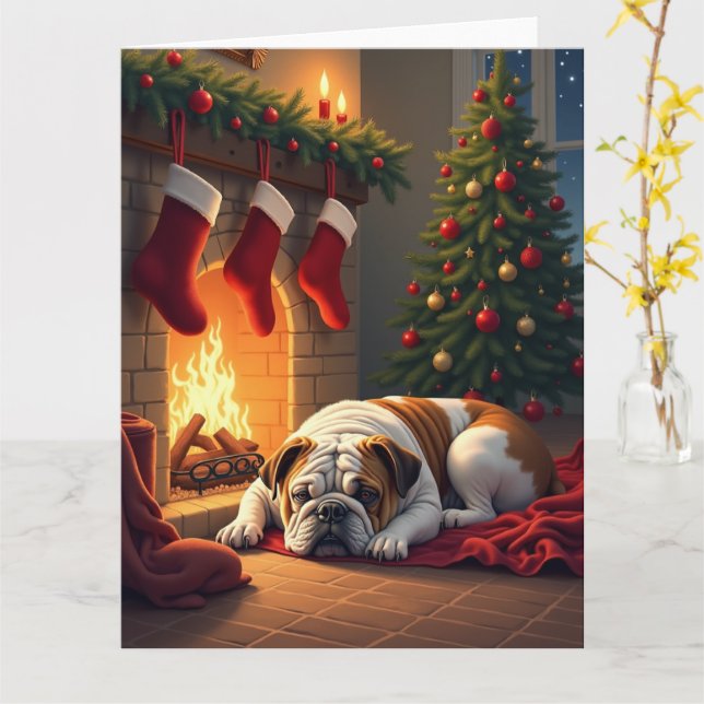 Tarjeta Bulldog by the Fireplace Christmas Painting (flor amarilla)