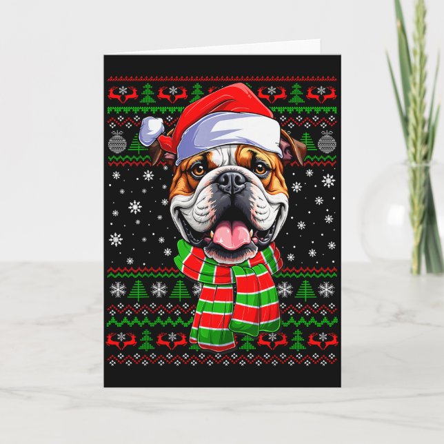 Tarjeta Bulldog Christmas Ugly Sweater Funny Santa Hat Dog (Anverso)