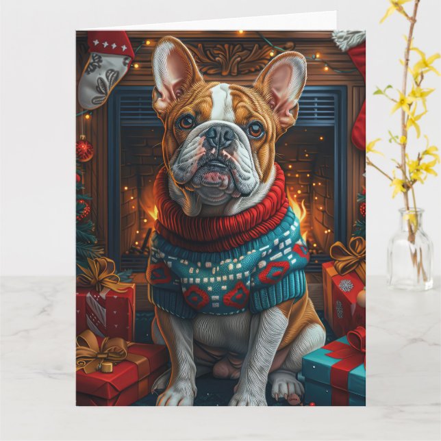 Tarjeta Bulldog con regalos de Navidad Chimenea (flor amarilla)