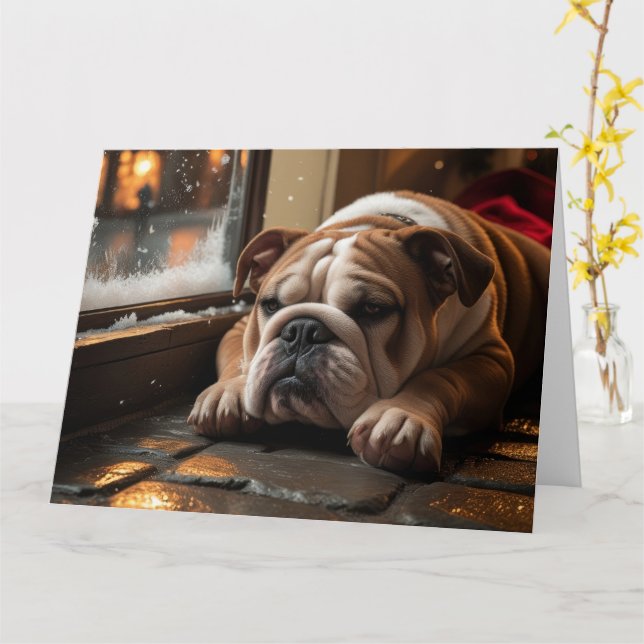 Tarjeta Bulldog con vacaciones de Navidades alumbrados (flor amarilla)