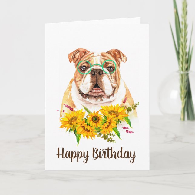 Tarjeta Bulldog Cute Watercolor y Sunflowers Cumpleaños (Anverso)