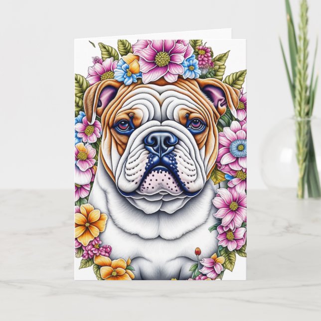 Tarjeta Bulldog de arte Ai rodeado de flores musicales (Anverso)