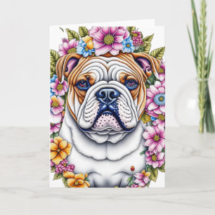Tarjeta Bulldog de arte Ai rodeado de flores musicales