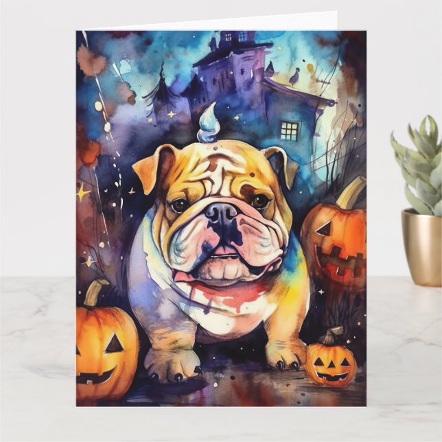 Tarjeta Bulldog de Halloween con Calabazas Espantoso (Planta pequeña)