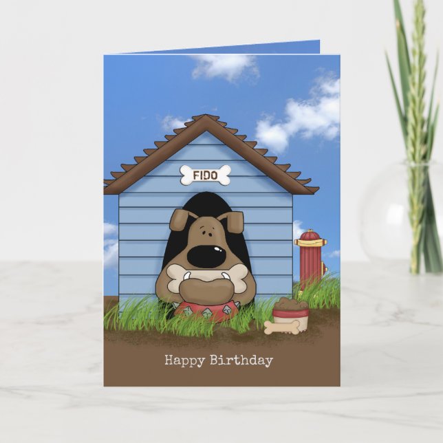 Tarjeta bulldog en casa de perros por cumpleaños (Anverso)