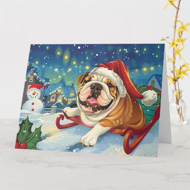 Tarjeta Bulldog en Navidades de la Nieve de Sleigh (flor amarilla)