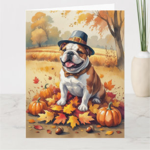Tarjeta Bulldog En Otoño Deja El Arte De Acción De Gracias