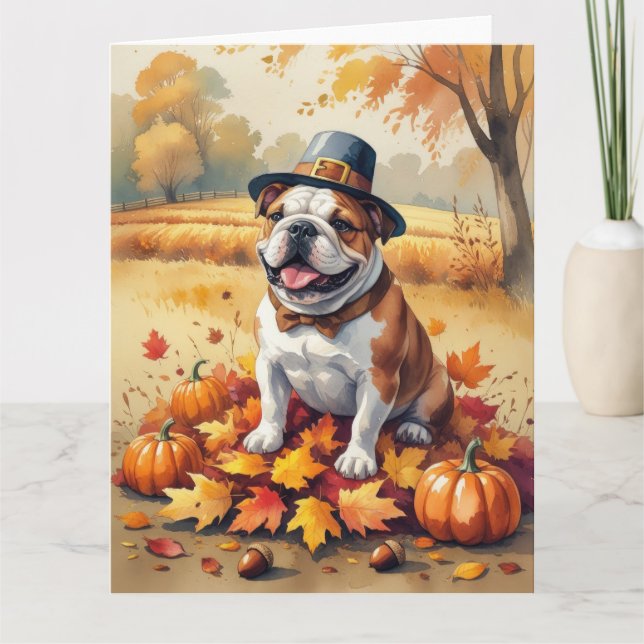Tarjeta Bulldog En Otoño Deja El Arte De Acción De Gracias (Anverso)