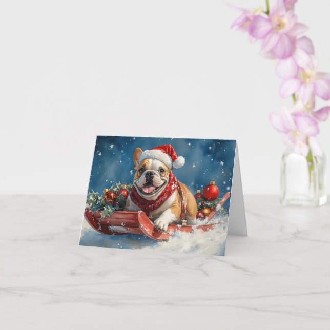 Tarjeta Bulldog en Sledge Let it Snow Navidades (Orquídea)