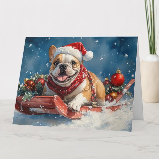 Tarjeta Bulldog en Sledge Let it Snow Navidades (Anverso)