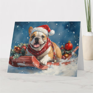 Tarjeta Bulldog en Trineo Deja que nieve Navidad