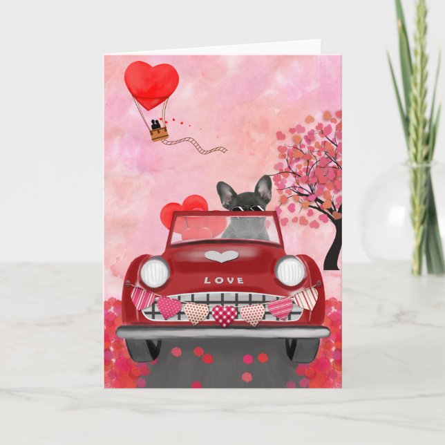 Tarjeta Bulldog Francés Coche con Corazones de San Valentí (Anverso)
