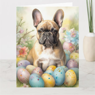 Tarjeta Bulldog francés con huevos de Pascua