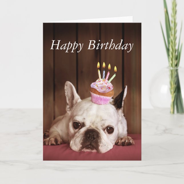 Tarjeta Bulldog francés con la magdalena del cumpleaños (Anverso)