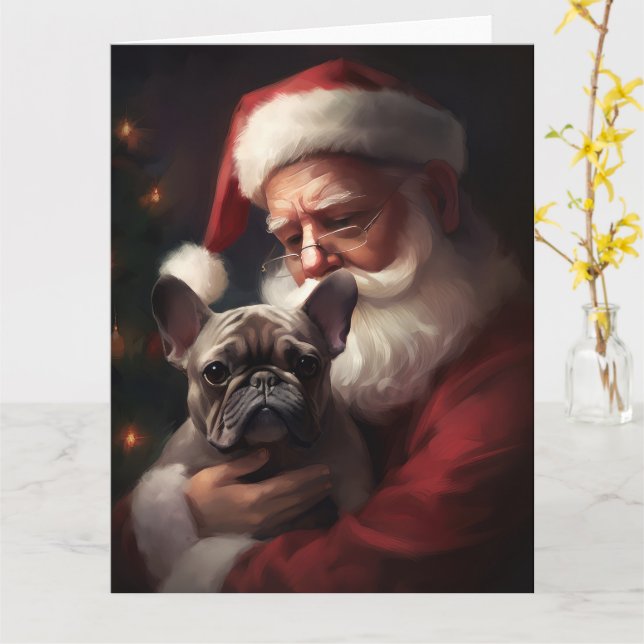 Tarjeta Bulldog francés con Navidades festivos de Santa Cl (flor amarilla)