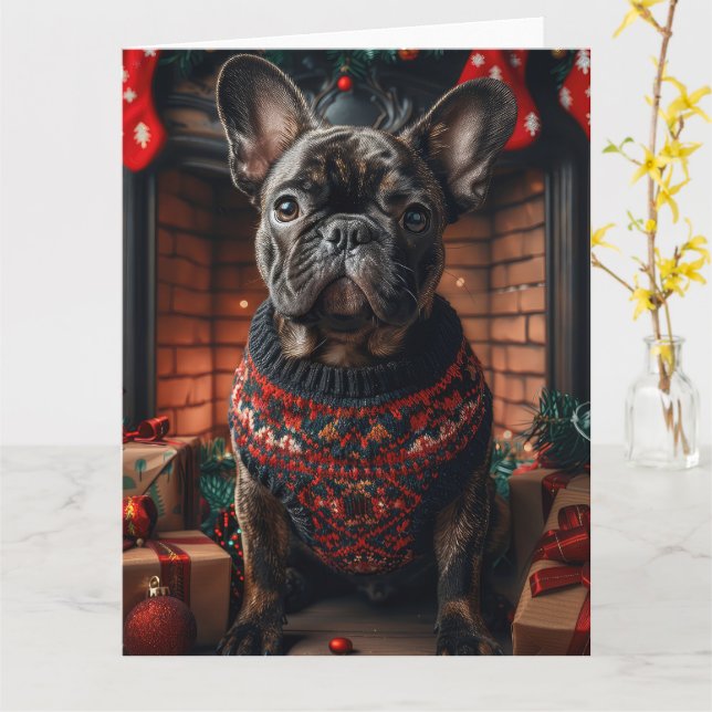 Tarjeta Bulldog Francés Con Regalos De Navidad Chimenea (flor amarilla)