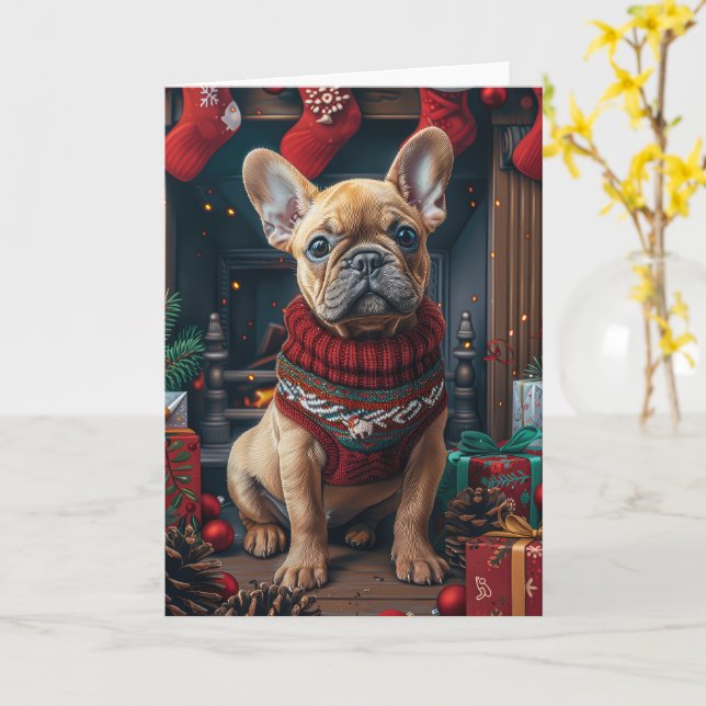 Tarjeta Bulldog Francés Con Regalos De Navidad Chimenea (flor amarilla)