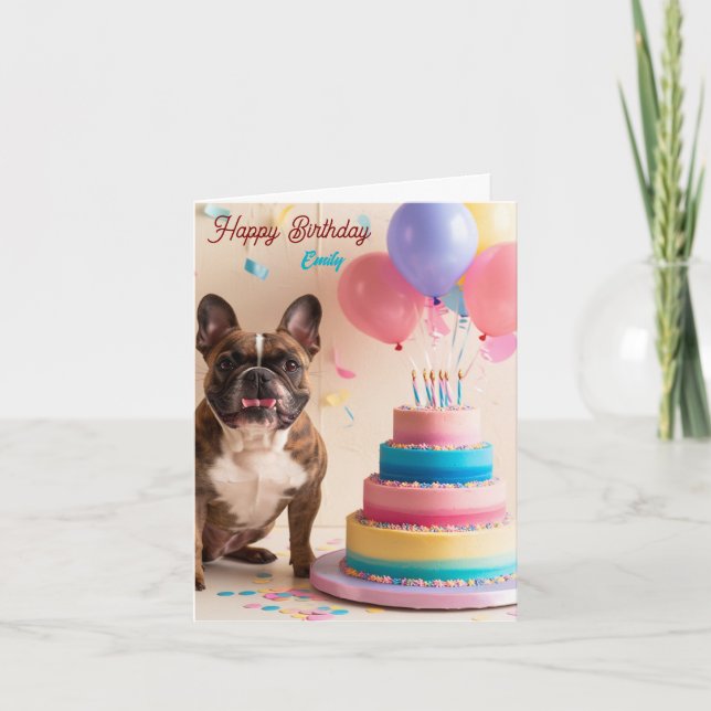 Tarjeta Bulldog francés con torta de cumpleaños (Anverso)