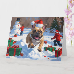 Tarjeta Bulldog Francés corriendo en la nieve con sombrero