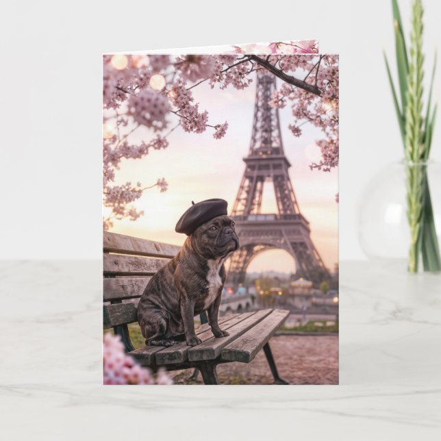 Tarjeta Bulldog francés cumpleañero en París (Anverso)
