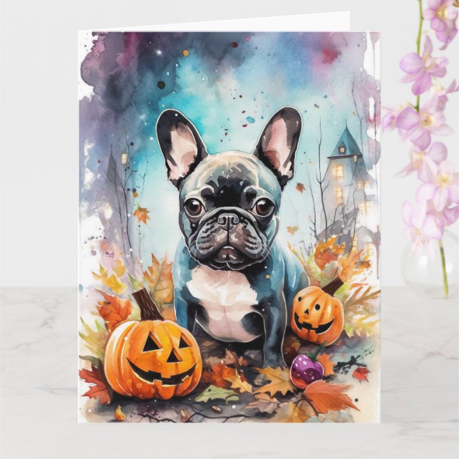 Tarjeta Bulldog Francés de Halloween con Calabazas Espanto (Orquídea)