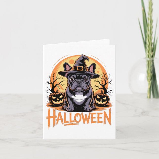 Tarjeta Bulldog Francés De Halloween Con Gorra De Brujas Y (Anverso)