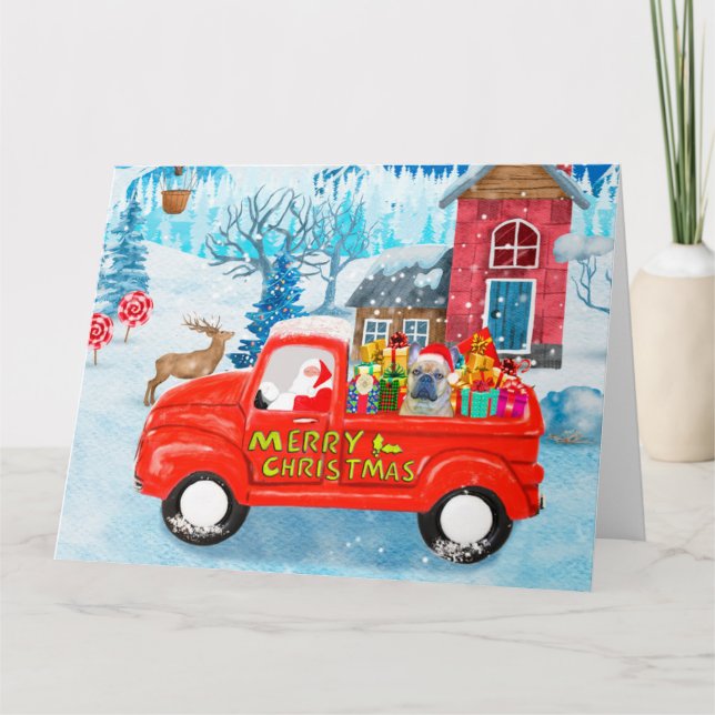 Tarjeta Bulldog francés en la nieve de camión de Navidades (Anverso)