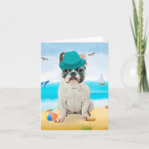 Tarjeta Bulldog francés en la playa