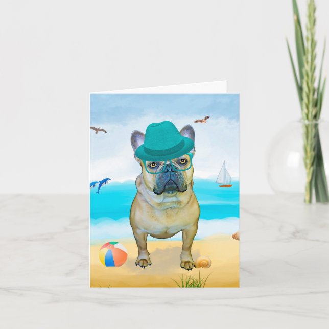 Tarjeta Bulldog francés en la playa (Anverso)