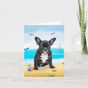 Tarjeta Bulldog francés en la playa