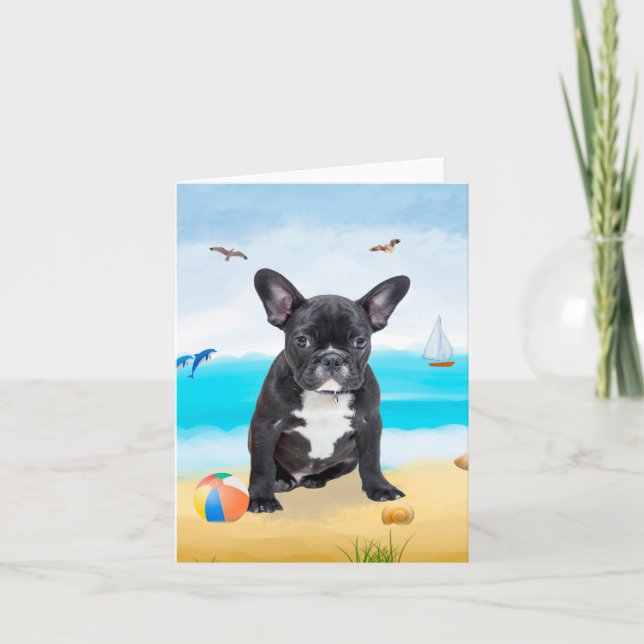 Tarjeta Bulldog Francés en la Playa (Anverso)