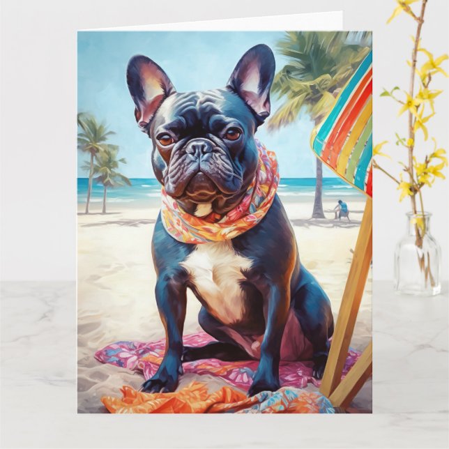 Tarjeta Bulldog francés en la playa, regalo de verano para (flor amarilla)