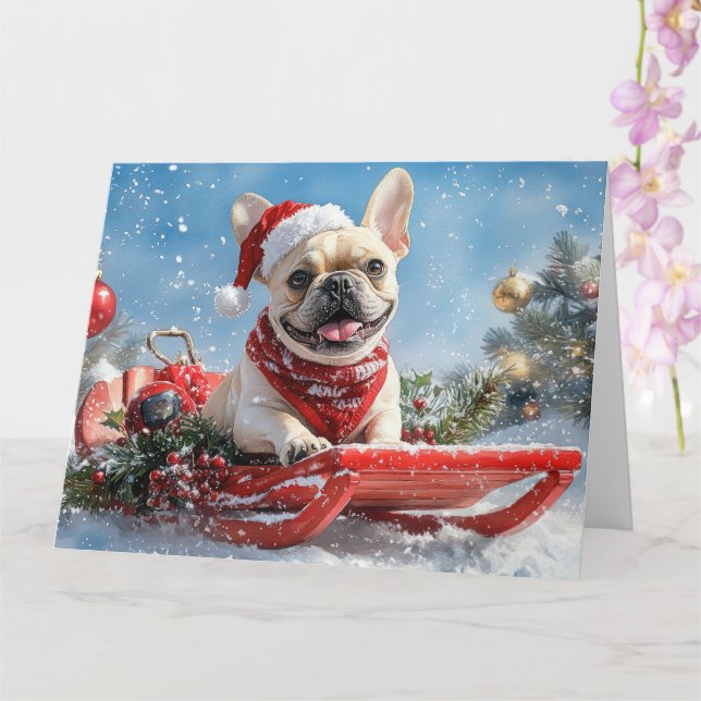 Tarjeta Bulldog francés en medio de Navidades de nieve dej (Orquídea)