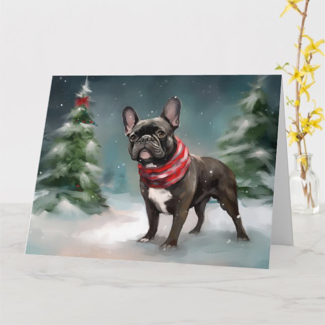 Tarjeta Bulldog francés en Navidades de nieve (flor amarilla)