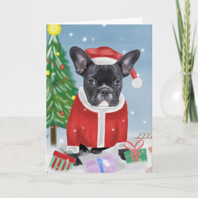 Tarjeta Bulldog francés en nieve con regalos de Navidades (Anverso)