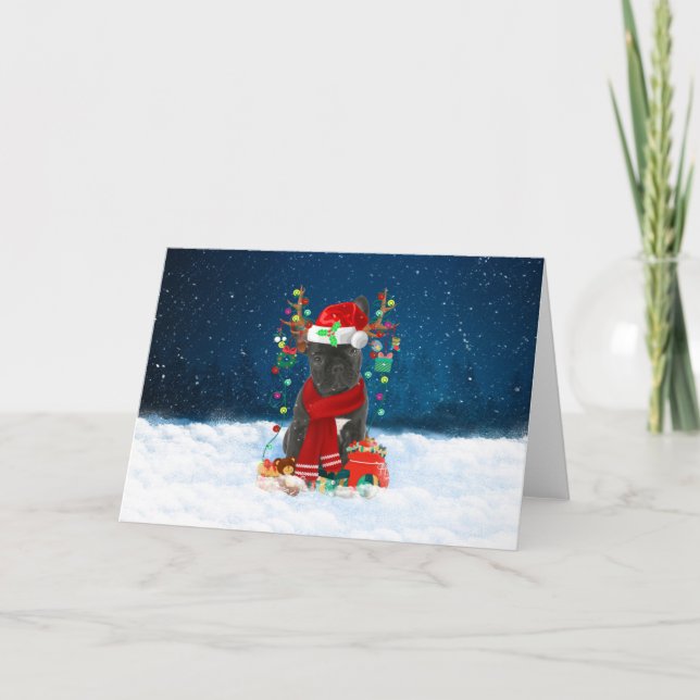 Tarjeta Bulldog francés en nieve con regalos de Navidades (Anverso)