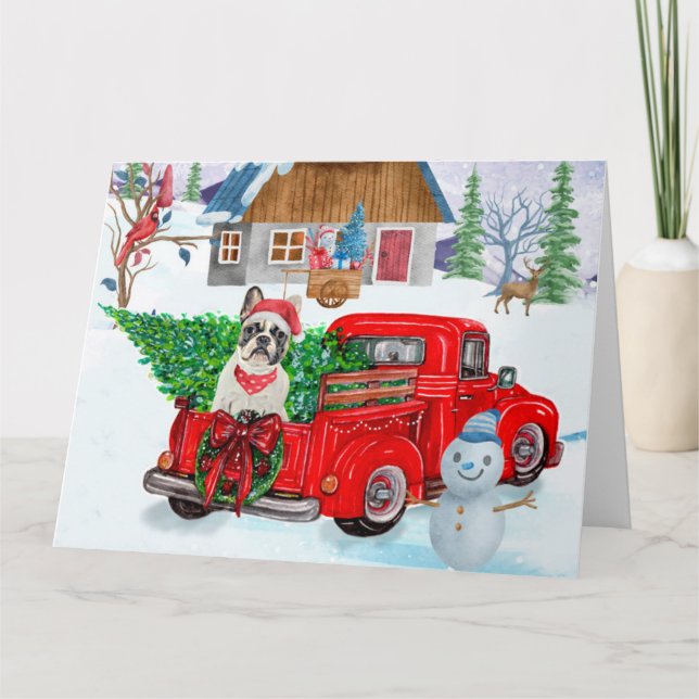 Tarjeta Bulldog Francés En Nieve De Camión De Entrega De N (Anverso)