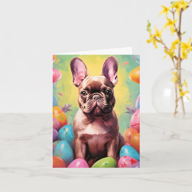 Tarjeta Bulldog francés feliz Pascua (flor amarilla)