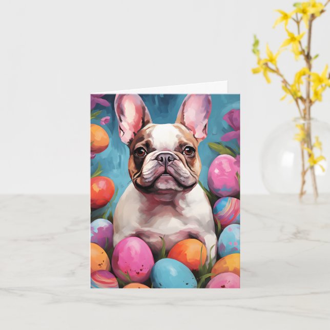 Tarjeta Bulldog francés feliz Pascua (flor amarilla)