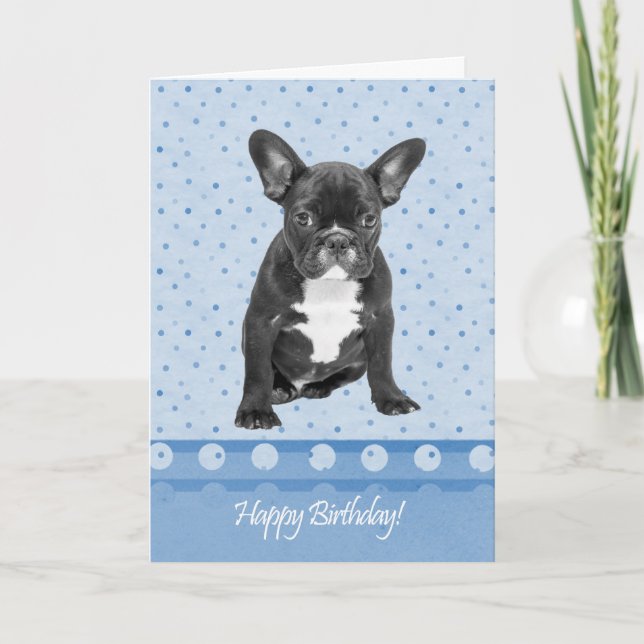 Tarjeta Bulldog francés Happy Birthday Card Blue puntos (Anverso)